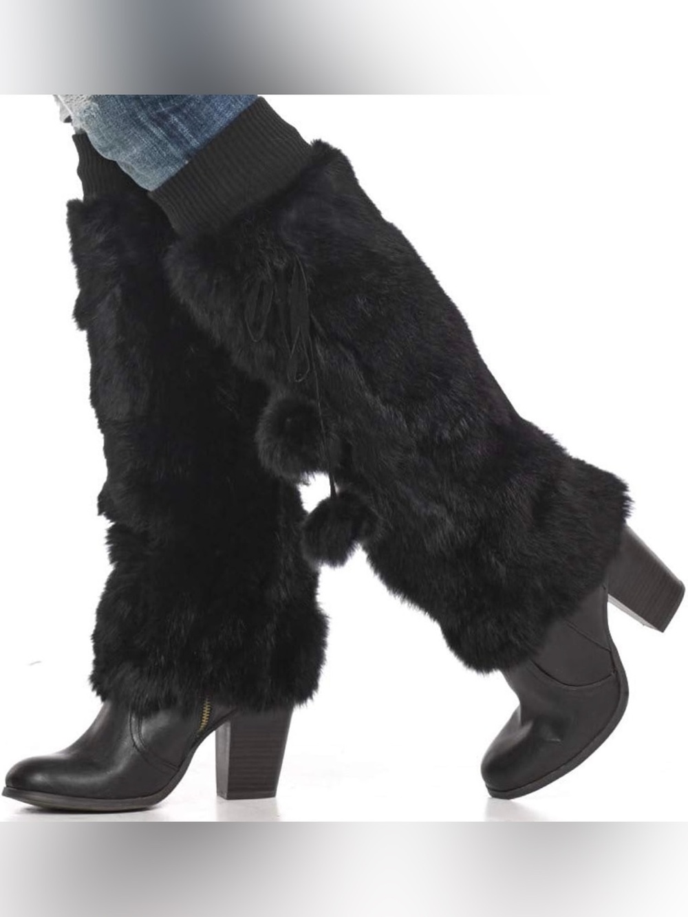 Rabbit Fur Plush Black Leg Warmers with Pom Pom Tassels